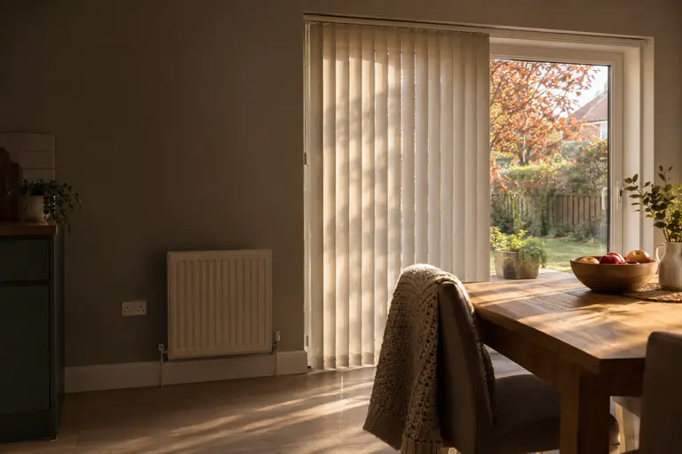 Oatmeal vertical blinds drawn back from a patio door in a kitchen-diner, low autumn sun and copper leaves outside