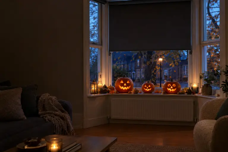 Carved pumpkins glowing on a bay-window sill at dusk, with a charcoal blackout roller blind half lowered behind them